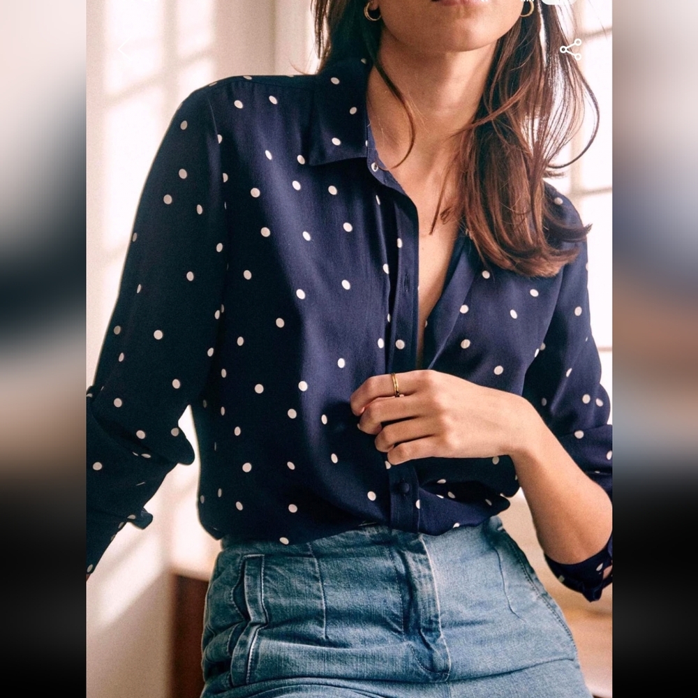 Sezane Ann Navy Polka Dot 100% Silk Button Down Shirt